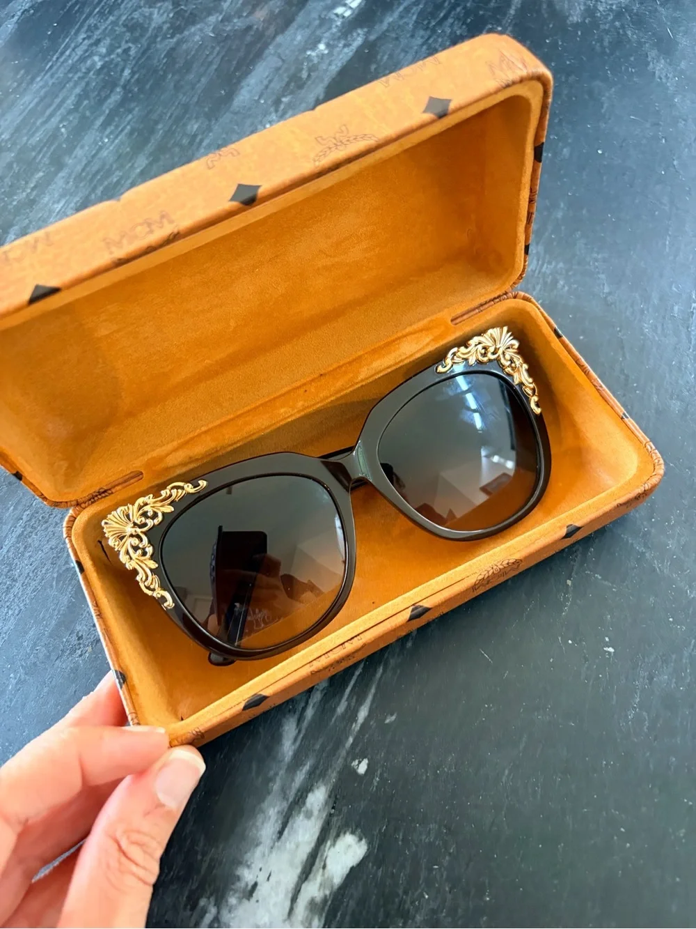 MCM Dark Brown Cat-Eye Sunglasses with Gold Filigree
